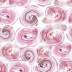 Bright background with rounded strokes of red paint. Seamless pattern with burgundy spots on a white background. Abstract work.