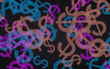 Multicolored translucent dollar signs on dark background. Red tones. 3D illustration
