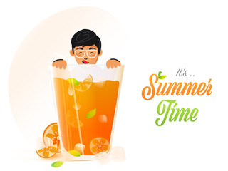 Vector illustration of Young Kid Slurrping Cold Drink, Summer Time Concept.