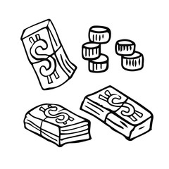 vector illustration of three packs of dollars and coins on a white background