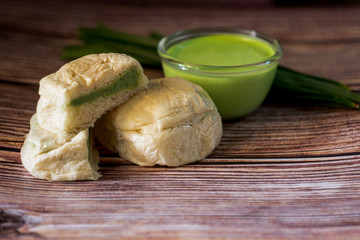 Fusion food of bakery and Thai dessert. Pandan Custard Bread. Soft bread home made. Sweet and good...