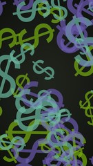 Multicolored translucent dollar signs on dark background. Green tones. 3D illustration