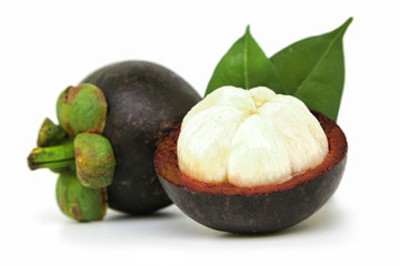 Mangosteens isolated on white background. Isolated tropical fruits. 