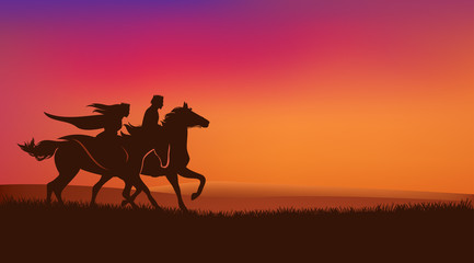 Fototapeta na wymiar fairy tale prince and princess riding horses over romantic sunset field - royal couple silhouette vector scene