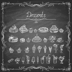 Vintage collection of desserts. Sketches of desserts hand-drawn with chalks on the blackboard. Vector illustration.
