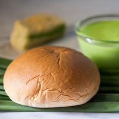 Fusion food of bakery and Thai dessert. Pandan Custard Bread. Soft bread home made. Sweet and good smell