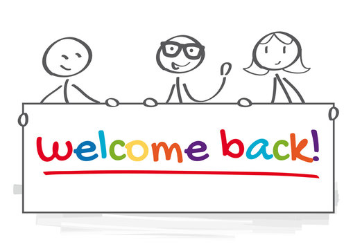 Three people holding banner with the inscription - welcome back - isolated on transparent background