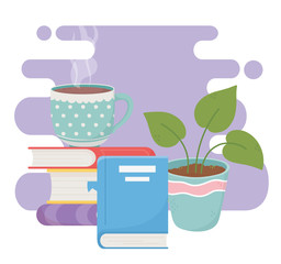 sweet home stack of books potted plant and coffee cup