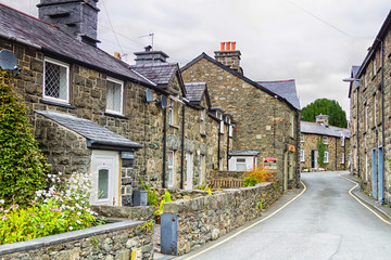 Aerial view of an old village in Snowdonia National Park, Wales