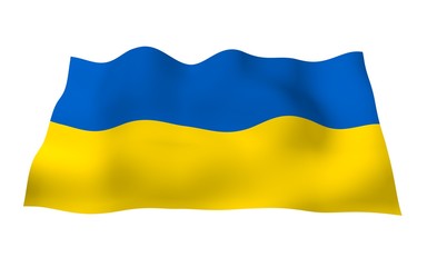 Obraz premium The flag of Ukraine on a white background. National flag and state ensign. Blue and yellow bicolour. 3D illustration waving flag