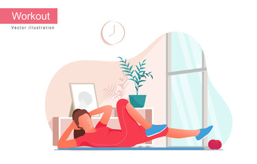 Women doing bicycle crunches exercise, working out at home in front the windows. Woman doing workout indoor. Yoga and fitness at home, healthy and wellness lifestyle. Flat vector illustration