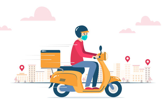 Vector illustration of a delivery man, with face mask, delivering an order on a motorcycle