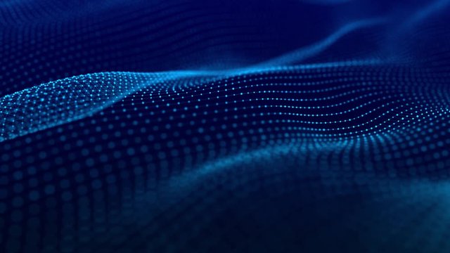 Abstract dynamic wave of many particles and lines. Network of lines. Digital background. Seamless loop. 3D rendering.
