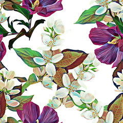 Jasmine and exotic flowers seamless pattern.