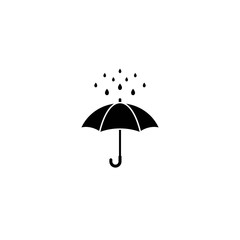 Black open Umbrella with rain drops. Flat icon isolated on white. Flat design. Vector illustration.
