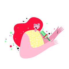 Podcast concept illustration. Female podcaster talking to microphone recording podcast in studio. Podcast in studio flat vector illustration. Concept of internet online radio