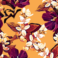 Jasmine and exotic flowers seamless pattern.