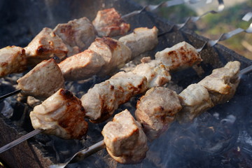 Juicy appetizing pieces of BBQ pork, beef and chicken meat, fried in barbecue grill on skewers.Relax and dinner with friends and family in nature park.Firewood, coals and smoke. Spring holiday picnic