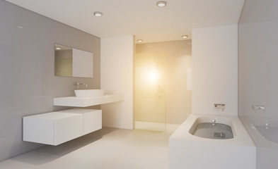 Naklejka na ściany i meble Clean and fresh bathroom with natural light. 3D rendering.. Sunset.