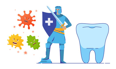 Healthy tooth anti-caries protection with knight holding a sword and shield. Dental care. Oral health ads. Attacking bacteria. Concept medical character isolated on a white background.