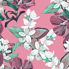 Jasmine and exotic flowers seamless pattern.