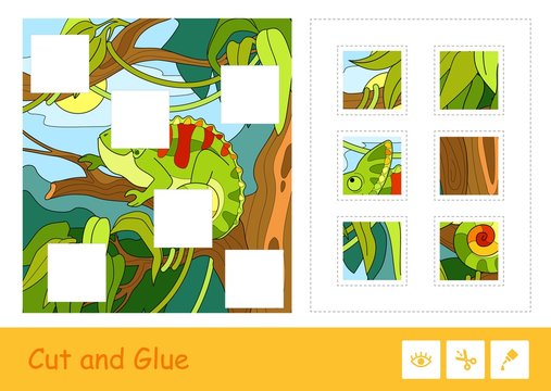 Cut and glue vector puzzle learning children game with colorful image of cute chameleon sitting on a tree.
