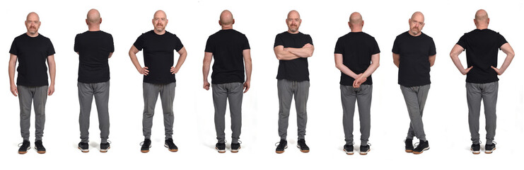 large group of same man with sportswear on front and back view on white background - Powered by Adobe