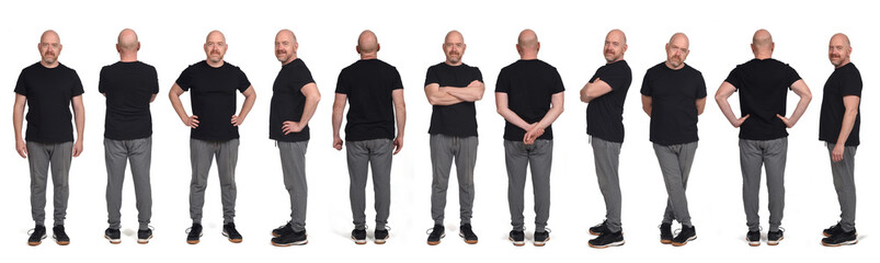 large group of same man with sportswear on front, back and side view on white background