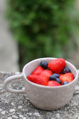 Bowl of strawberries and blueberries in a garden. Selective focus.