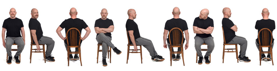 large group of same man with sportswear sitting with a chair on white background, side view, front...
