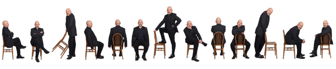 same man sitting  and standing with a chair on white background