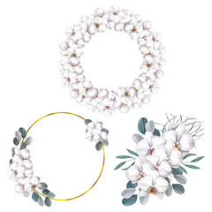 Set of frames and a boho wreath with tropical flowers and roses on a white background.