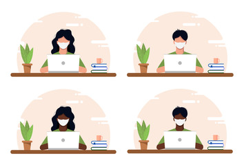 Work at home concept, coworking space flat illustration. Masked young people, men and women, freelancers working at home. Home office in crisis Covid-19. Vector flat style self-employed illustration.