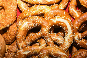 Bavarian authentic pretzels for Oktoberfest or Autumn Fest, Christmas.German, Austrian salted brezel