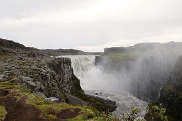 Dettifoss waterfall on a rainy day in Iceland