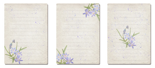 Set of A4 vintage sheets for notes with spring flowers.