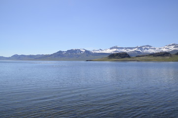 A lake and mountains with snow tops in Iceland