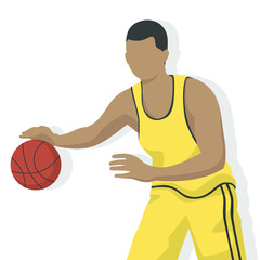 Fototapeta premium Basketball player in modern style vector illustration, sport man simple flat shadow isolated on white background.