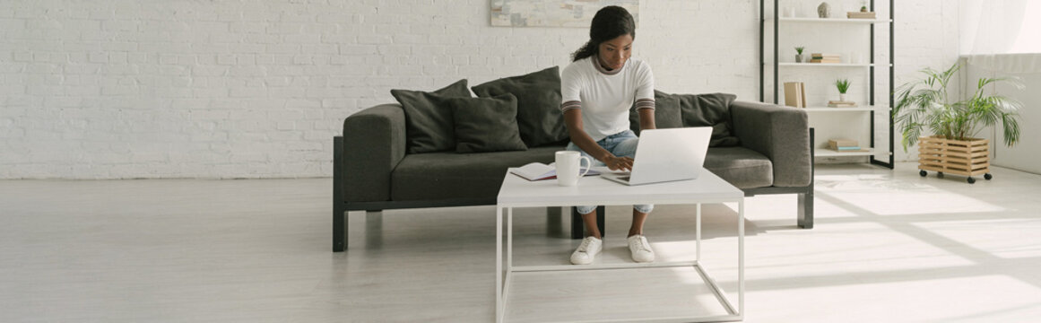 horizontal image of african american freelancer working on laptop in spacious living room