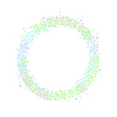 Vector floral frame template on isolated white background. Hand-drawn style. Branches and leaves arranged in a circle of cute pastel color. For the design of invitations, cards, photos, banner.