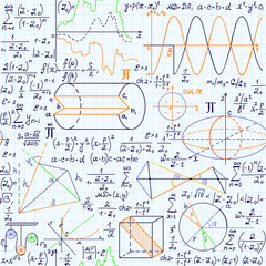Math vector seamless pattern with equations, figures, formulas, plots and other calculations, handwritten on grid copybook paper, different colors