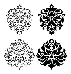 Hand drawn Damask decorative elements in black and white, set of vector illustrations