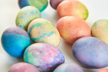 Group of easter painted eggs on white background