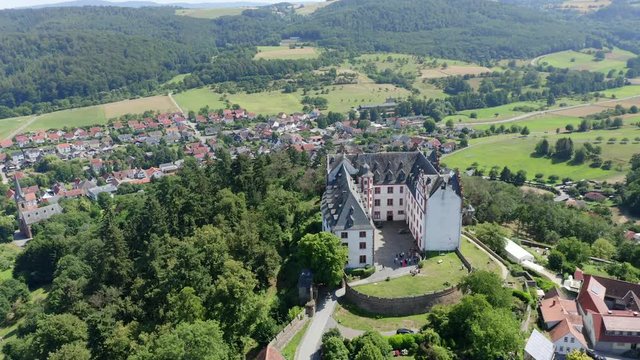 Aerial view, flight at Lichtenberg Castle, Fischbach Valley, Hesse, Germany