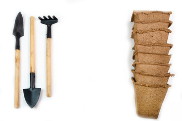 Tools, seeds, peat pots and pressed ground for seedlings. Copyspace for text, top view. Growing...