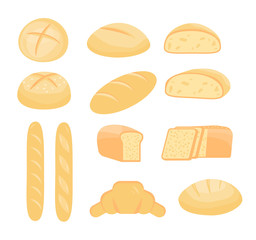 Set of different types of baked goods. Bundle of sourdough bread, baguette and croissant, toast, fresh loaf.  Pastries for bakery. Vector flat cartoon illustration icons on isolated white background. 