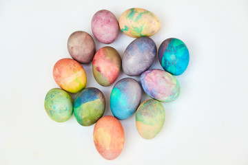 Group of easter painted eggs on white background
