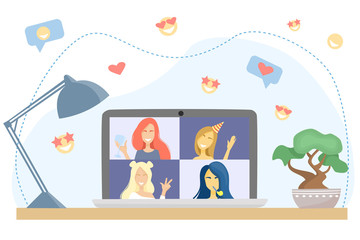 Flat vector illustration. Birthday party online, bachelorette party. Girls talk to each other on a video call. Conference on a laptop. Quarantine, self-isolation during a pandemic.