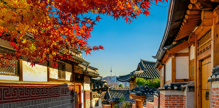 Autumn seasons at Bukchon Hanok Village. Traditional Korean style architecture in Seoul,Korea.