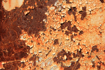Background plain wall orange with cracked paint, corroded metal board (texture background)Ochre Colored Wall Texture, rusting, rusty wall,texture
